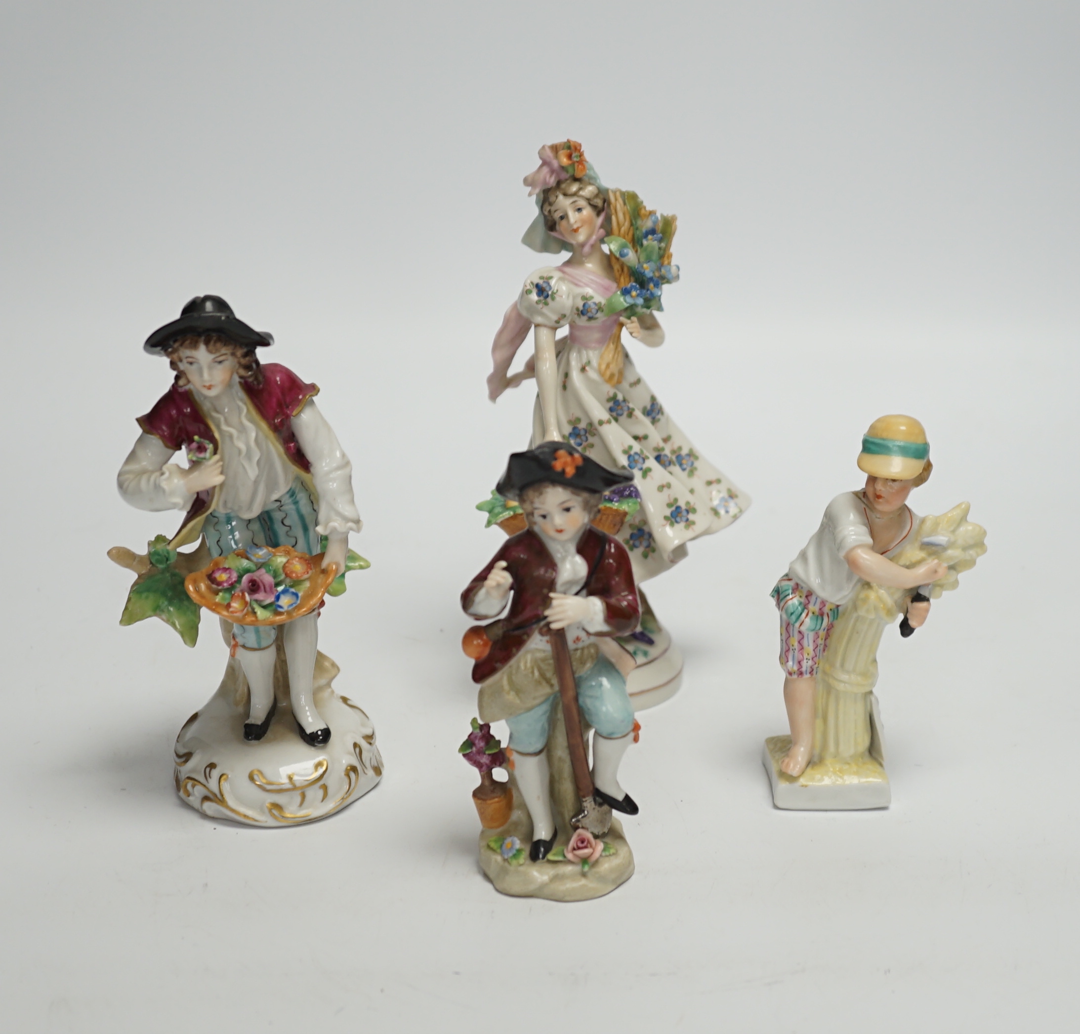 Eleven mixed Continental figures by Sitzendorf, Naples, Dresden, etc. tallest 17cm